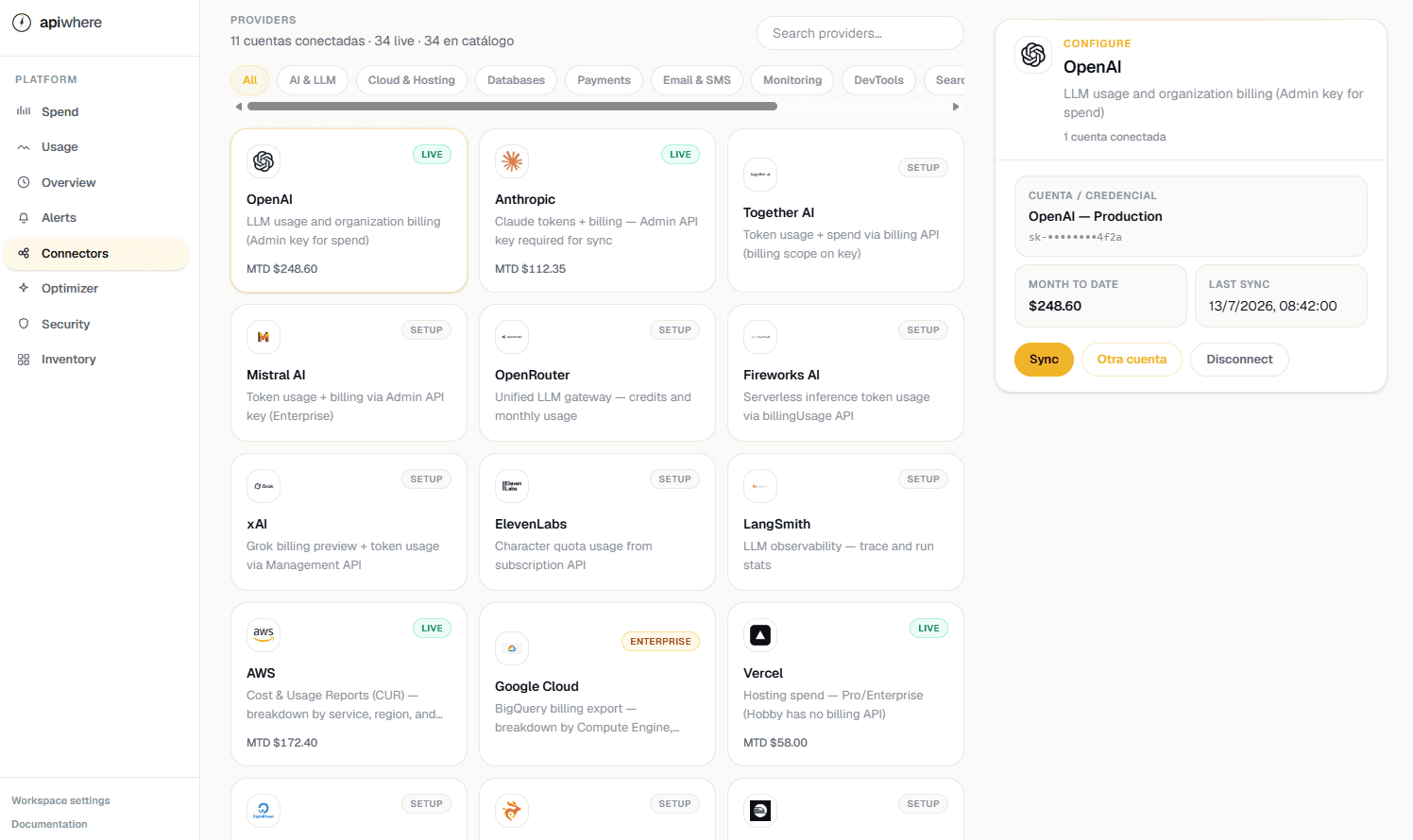 apiwhere connectors — catalog of OpenAI, AWS, Stripe and 30+ providers