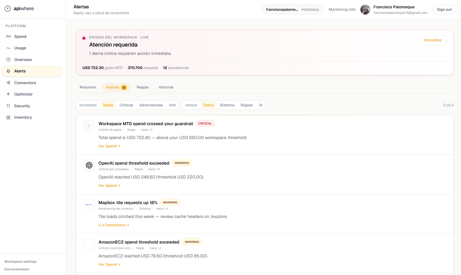 apiwhere alerts — active guardrails, spend rules, severity filters and workspace monitoring